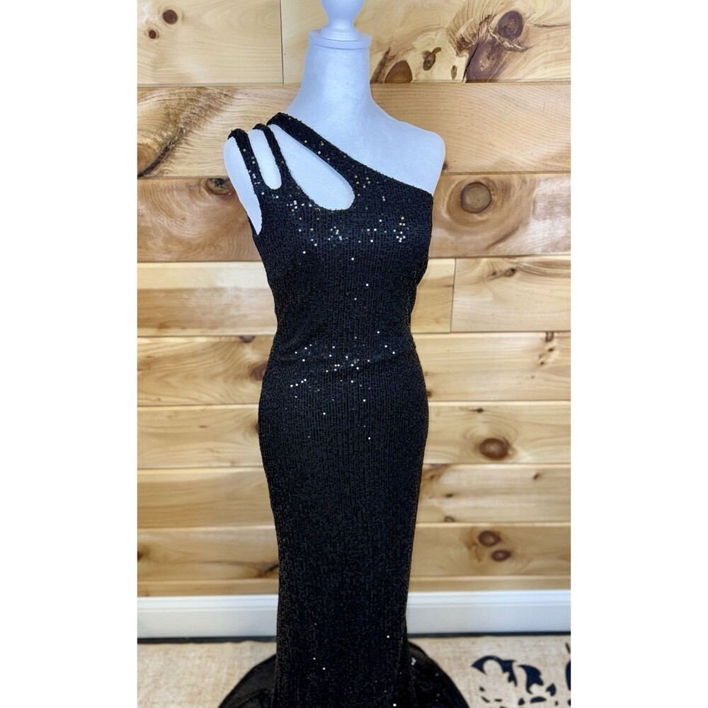 Ieena Mac Duggal black sequin strappy one-shoulder column gown Women’s 2 PROM!‎ - Picture 2 of 5